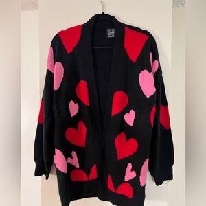 Cozy Black Cardigan Sweater with Red and Pink Hearts